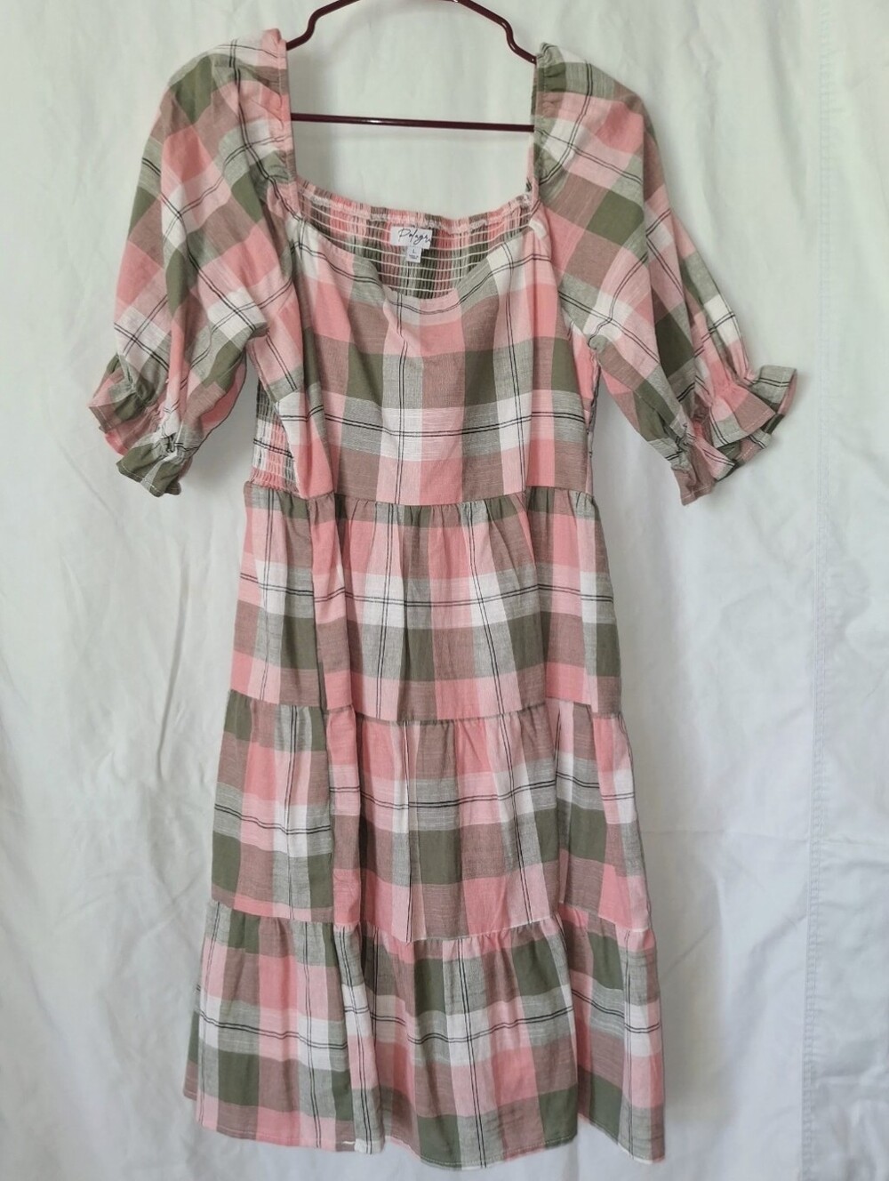 Polagram Plaid Puff Sleeve Cottagecore Tiered Dress
